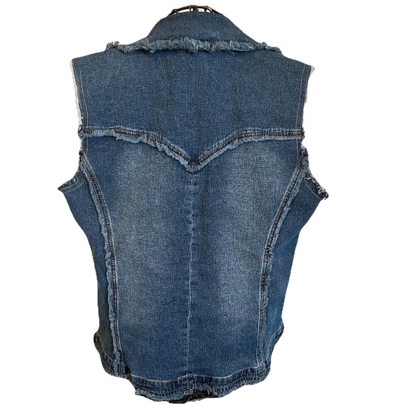 DG2 Embroidered Denim Vest Women's M Floral Rose Pockets Frayed Hem Boho Y2K - Picture 4 of 11